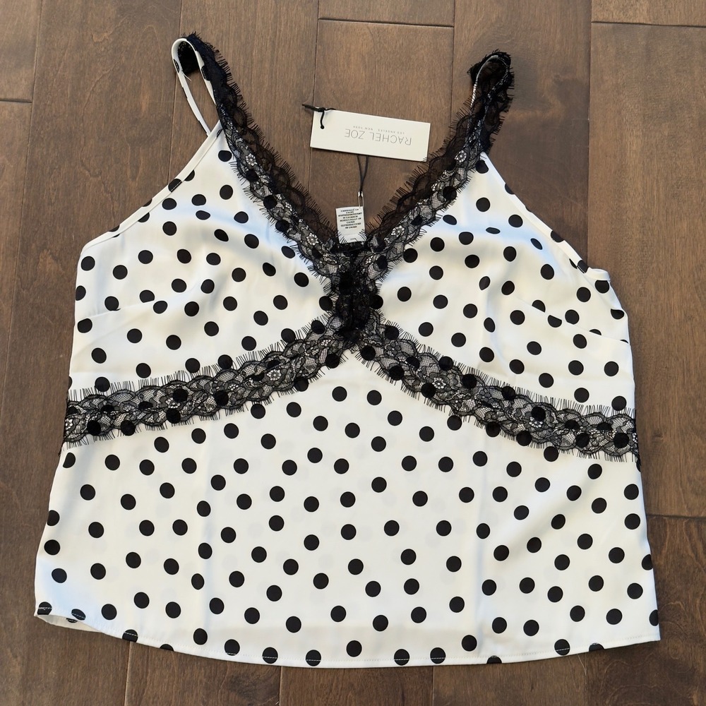 NWT Rachel Zoe Women's L Polka Dot Lace‎ Trim Camisole Top White Black